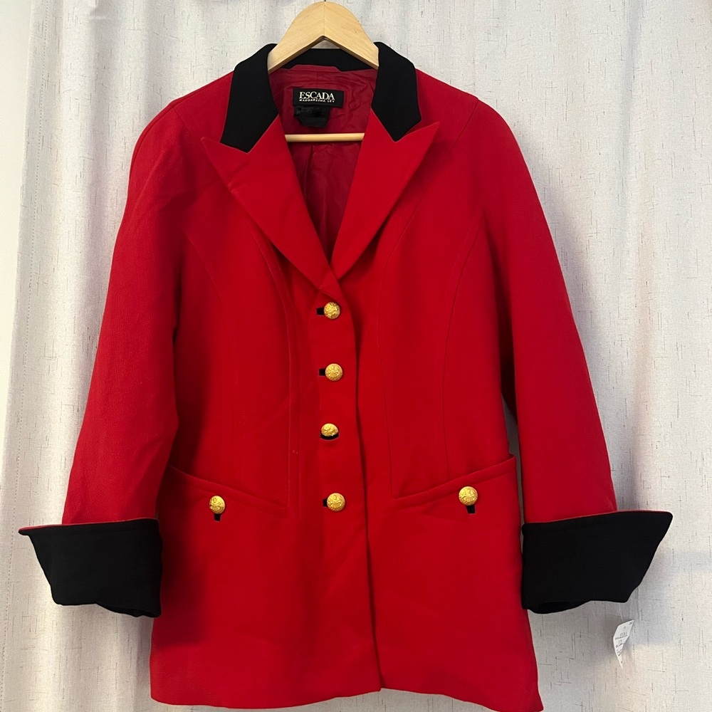 Escada Red Blazer with Black Trim and Gold Buttons - Picture 3 of 10